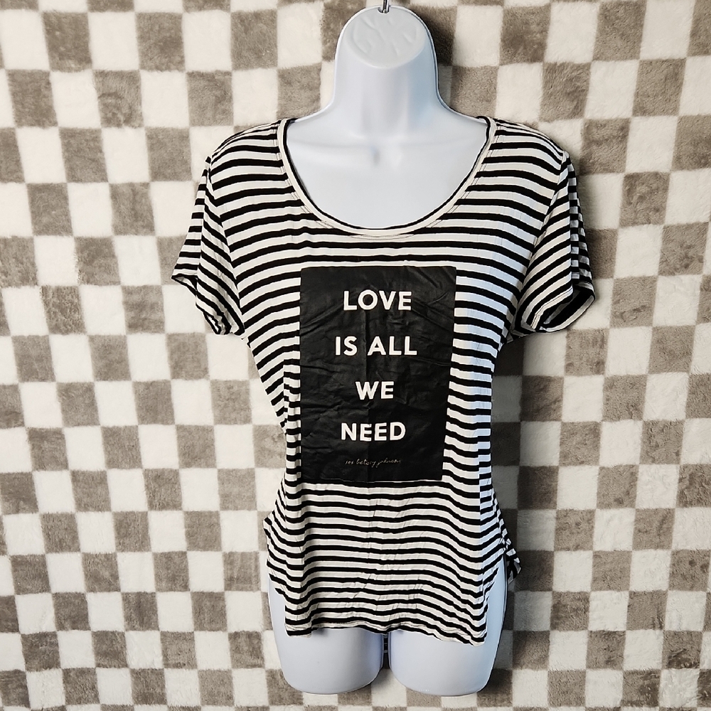 Betsey Johnson Black and White Striped Tee t-shirt "Love is all we need" XL